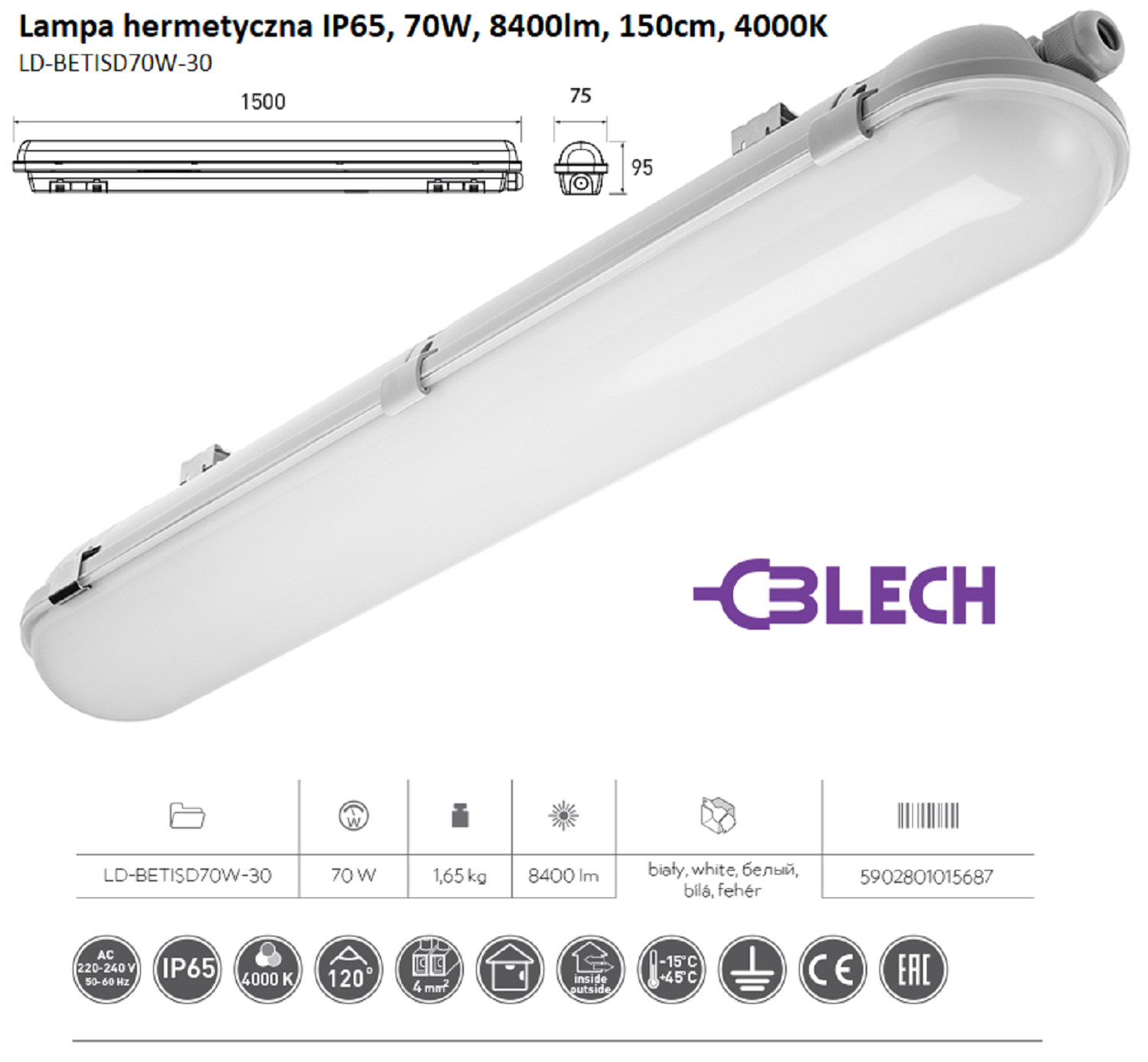 Lampa liniowa hermetyczna LED IP65, 70W, 8400lm, 150cm, 4000K